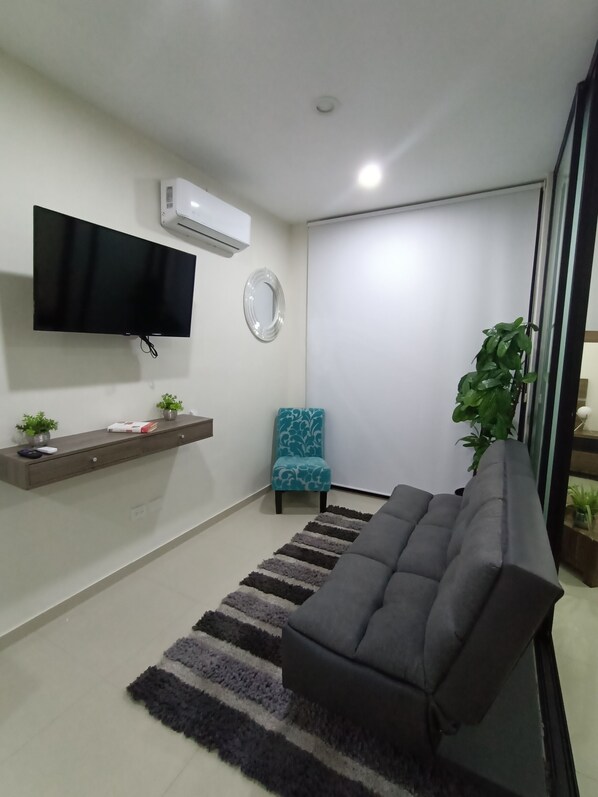 A living room with a grey sofa, a patterned armchair, a flat-screen TV, a wall-mounted air conditioner, and a striped rug.