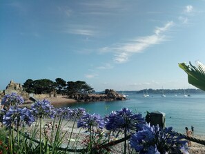 Un paisaje costero con un afloramiento rocoso, una playa arenosa y un cielo azul despejado.