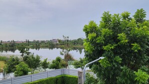 A serene lakeside view with a wooden walkway, lush greenery, and distant buildings.