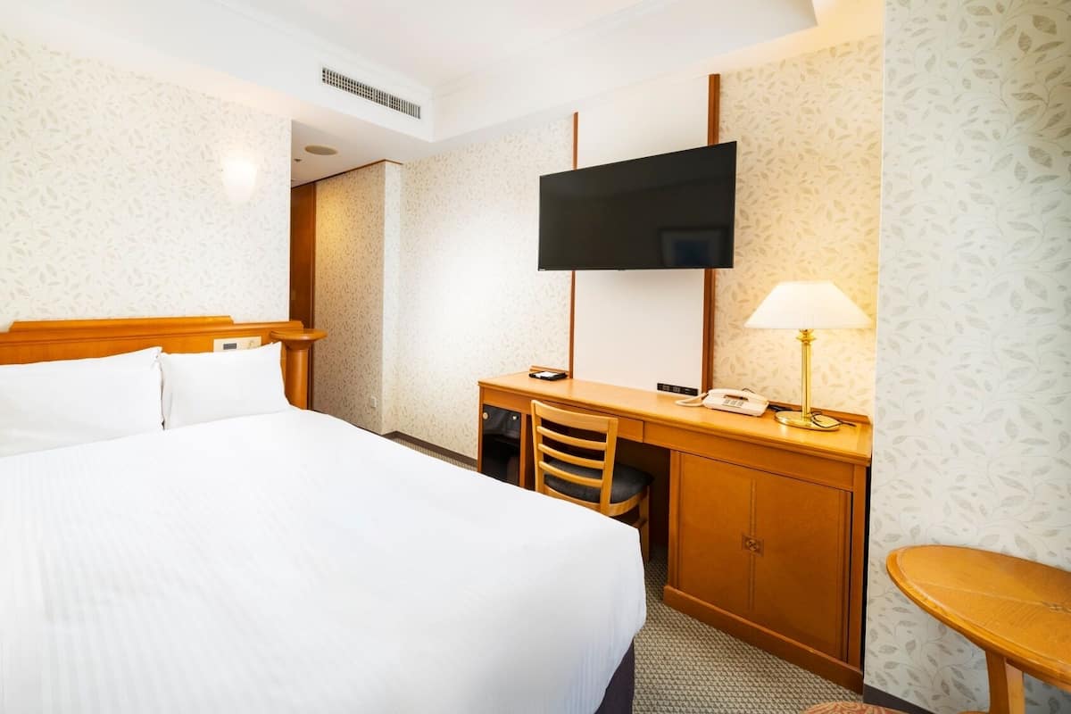 Une chambre d’hôtel avec un lit, un bureau, une chaise, une télévision et une lampe.