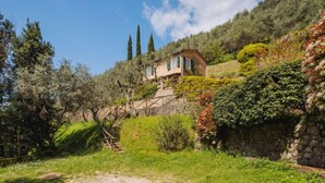 Ein Haus an einem Hang mit einer Steintreppe, umgeben von üppiger Vegetation und Bäumen.