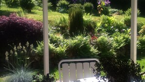 Een tuin met een pergola, diverse planten en een bank.