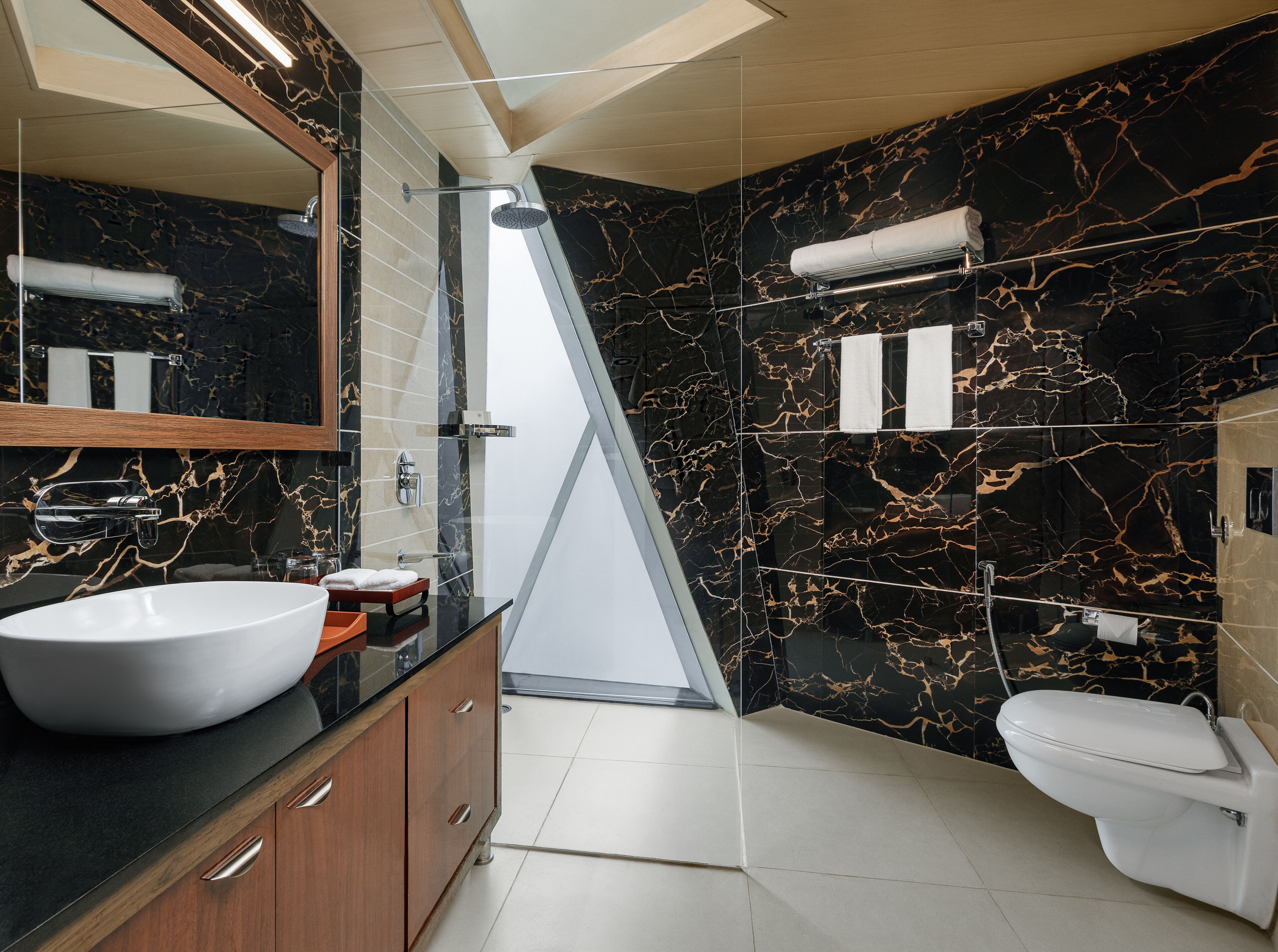 Een moderne badkamer met een groot wit wastafel, een douche met glazen wanden en een toilet.