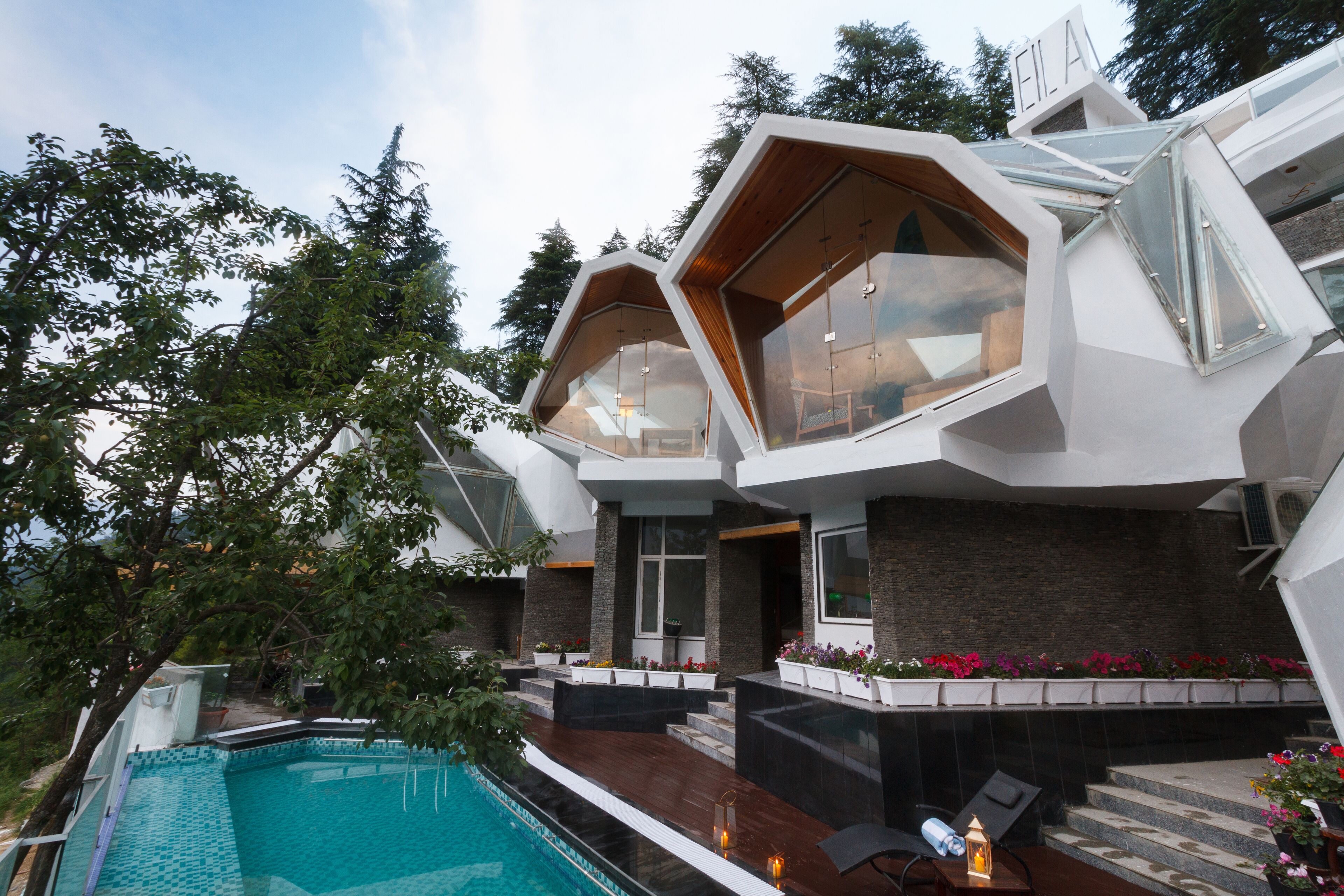 Outdoor pool, pool umbrellas, pool loungers