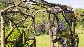 Una estructura de madera con enredaderas de flores moradas, ubicada en un campo cubierto de césped con árboles al fondo.