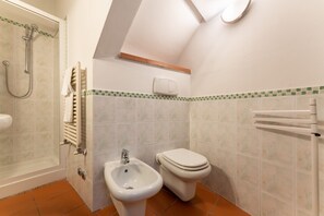 Shower, free toiletries, hair dryer, bidet