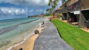 Una propiedad frente a la playa con un paseo de concreto que lleva a un área verde y una piscina, con vista al océano, palmeras y un edificio con mesas al aire libre.