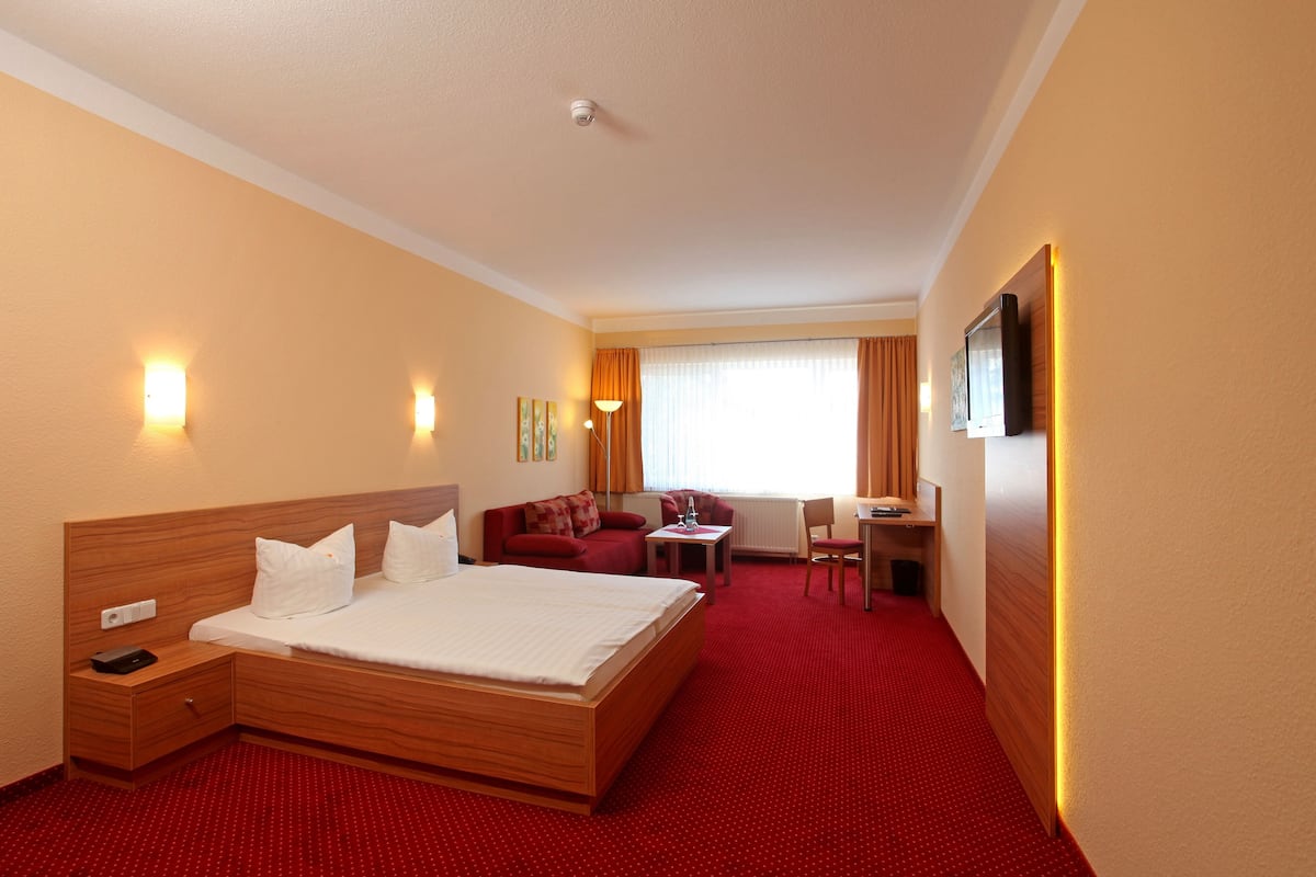 A hotel room with a large bed, a desk, a chair, a sofa, and a TV.