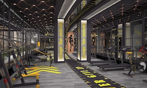 Work out in style with treadmills, stationary bikes, and weight machines.