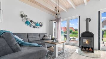 TV, fireplace, video library