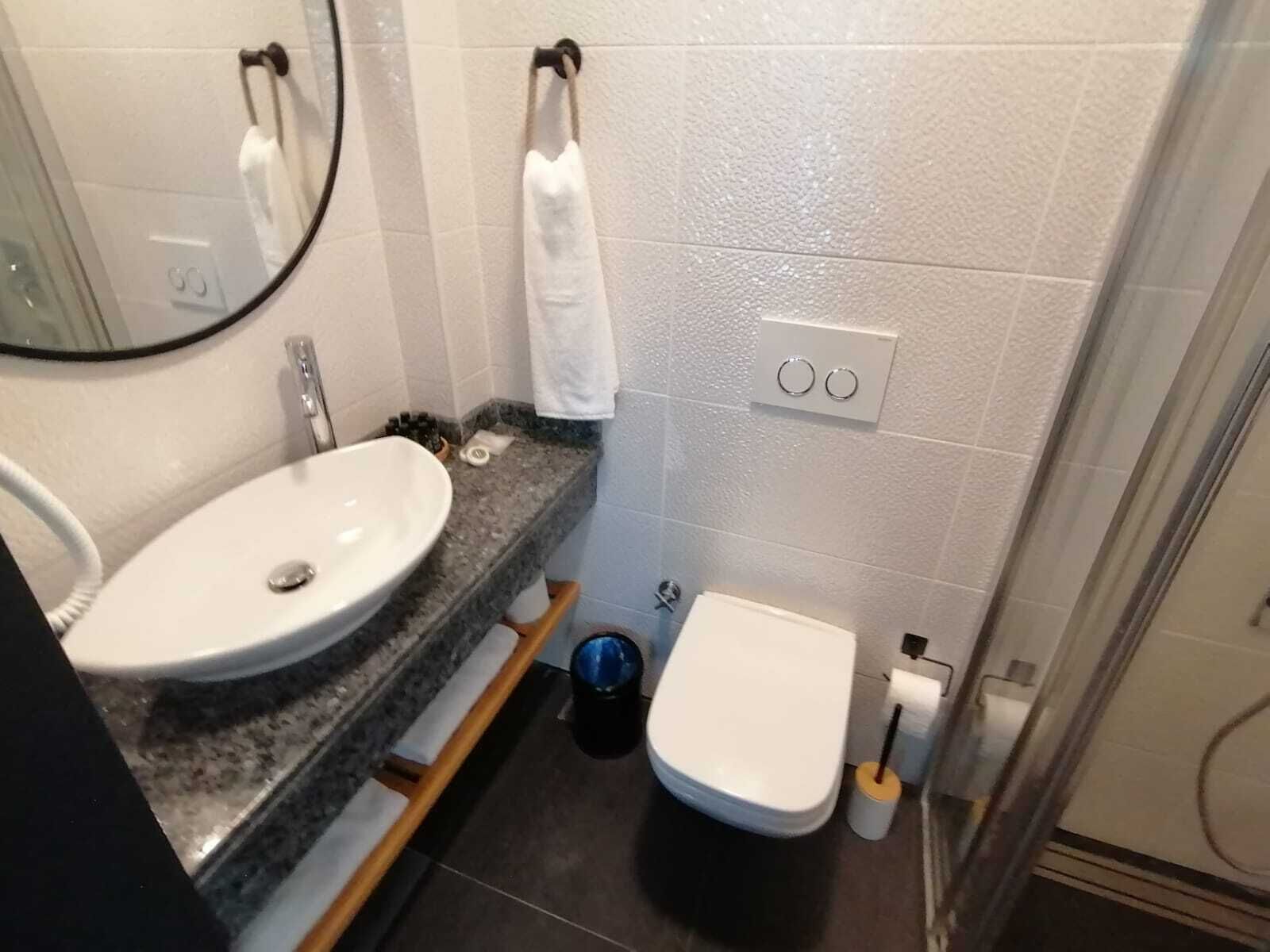 A bathroom with a white sink, a toilet, and a mirror. There is a towel hanging on the wall and a trash can next to the toilet.