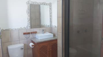 A bathroom with a toilet, sink, mirror, and shower.