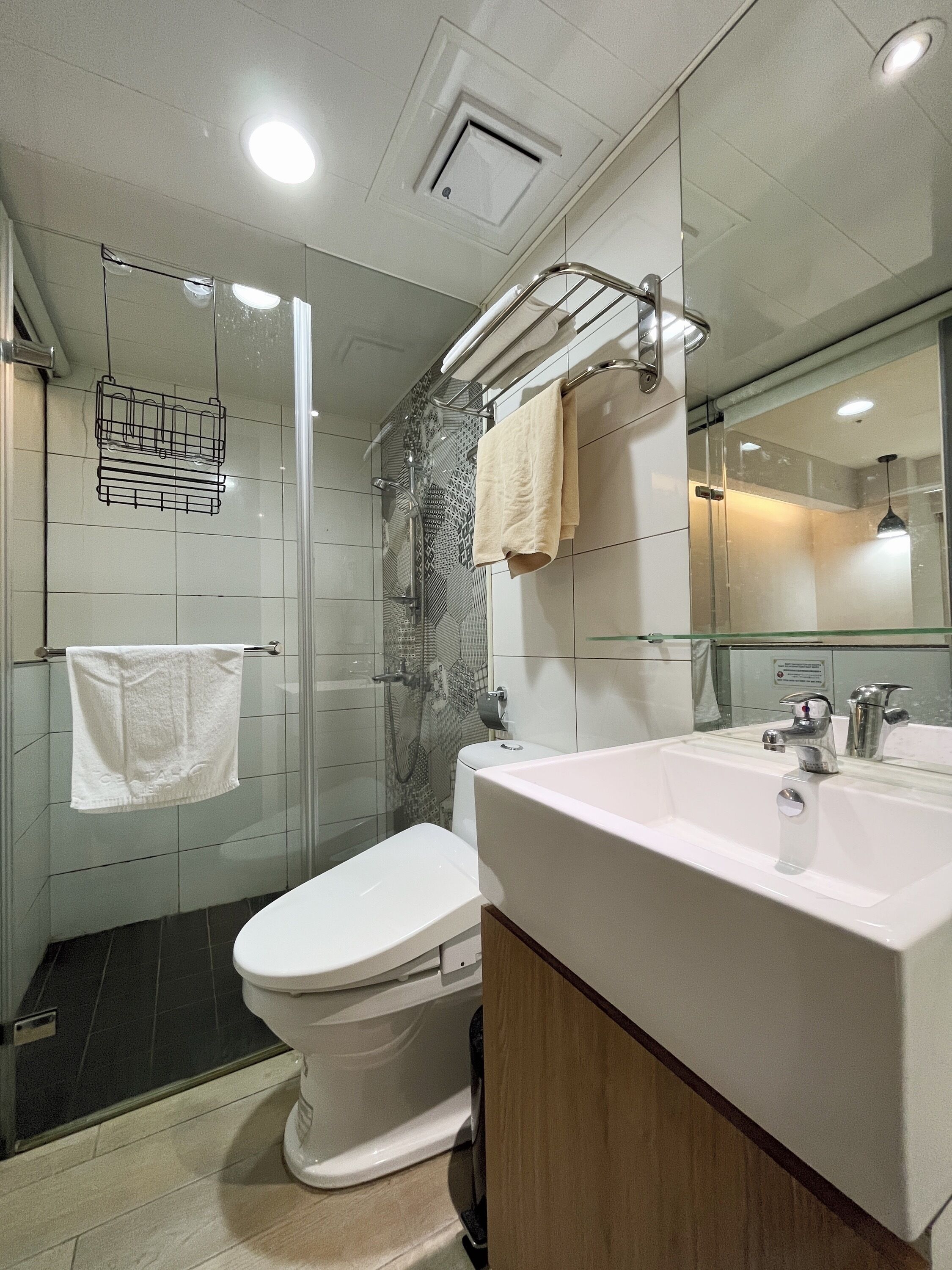 Une salle de bain moderne avec une douche à parois de verre, des toilettes blanches et un grand lavabo surmonté d’un miroir.