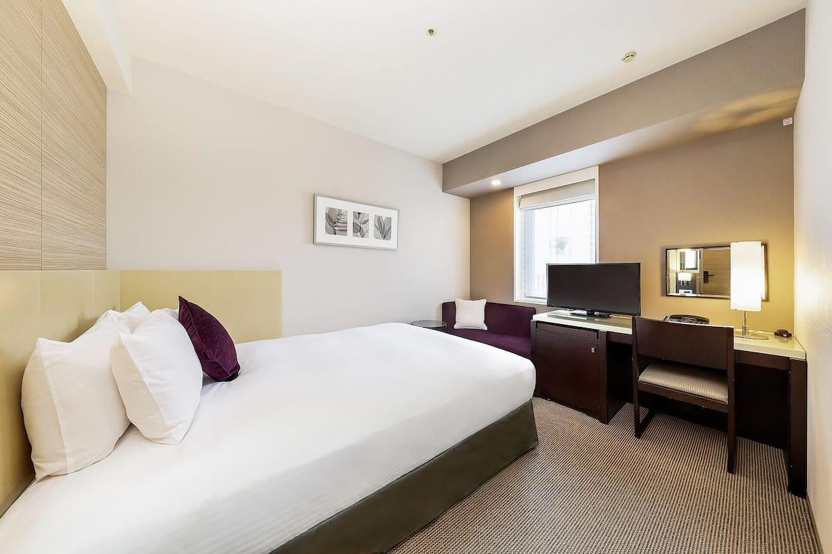 Ein Hotelzimmer mit einem Bett, einem Schreibtisch, einem Fernseher und einem Spiegel.