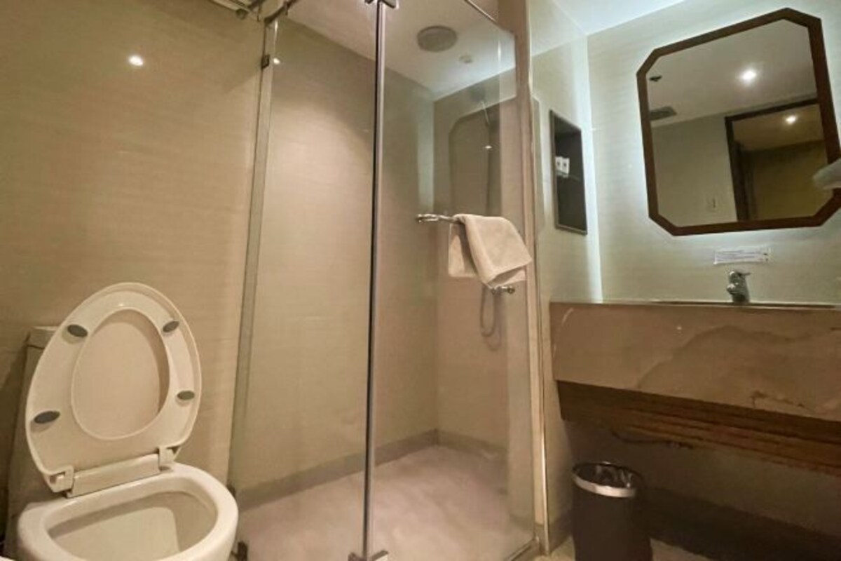 A bathroom with a toilet, a glass-enclosed shower, a sink, and a mirror.