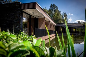 Un edificio moderno con fachada de piedra, paneles de madera y una fuente reflectante al frente.