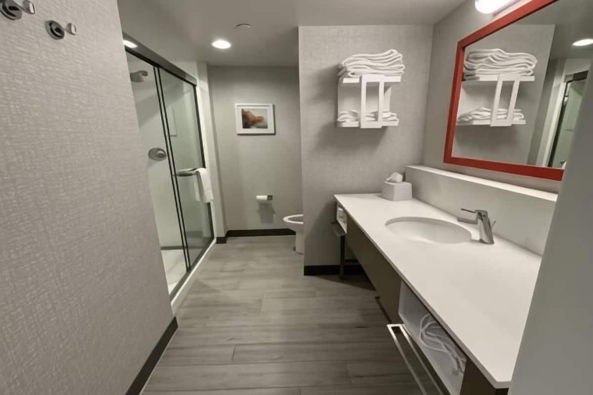 A modern bathroom with a glass shower, a white sink, a large mirror, and a towel rack.