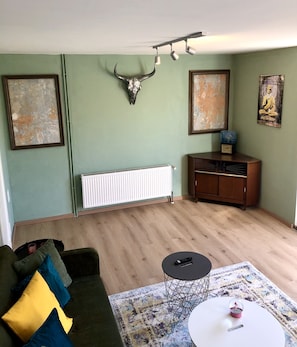Ein Wohnzimmer mit grüner Wand, einem weißen Heizkörper, einem Holzschrank, einer grünen Couch mit blauen und gelben Kissen, einem runden Couchtisch mit Fernbedienung und einer Wanddekoration in Form eines Stierschädels.