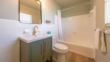 Shower, hair dryer, shampoo