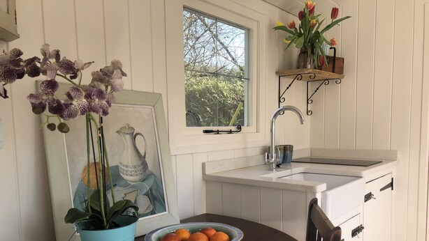 Une cuisine avec des meubles blancs, un évier, une fenêtre donnant sur un paysage verdoyant, un pot bleu contenant une plante et un saladier rempli d’oranges posé sur une table en bois.
