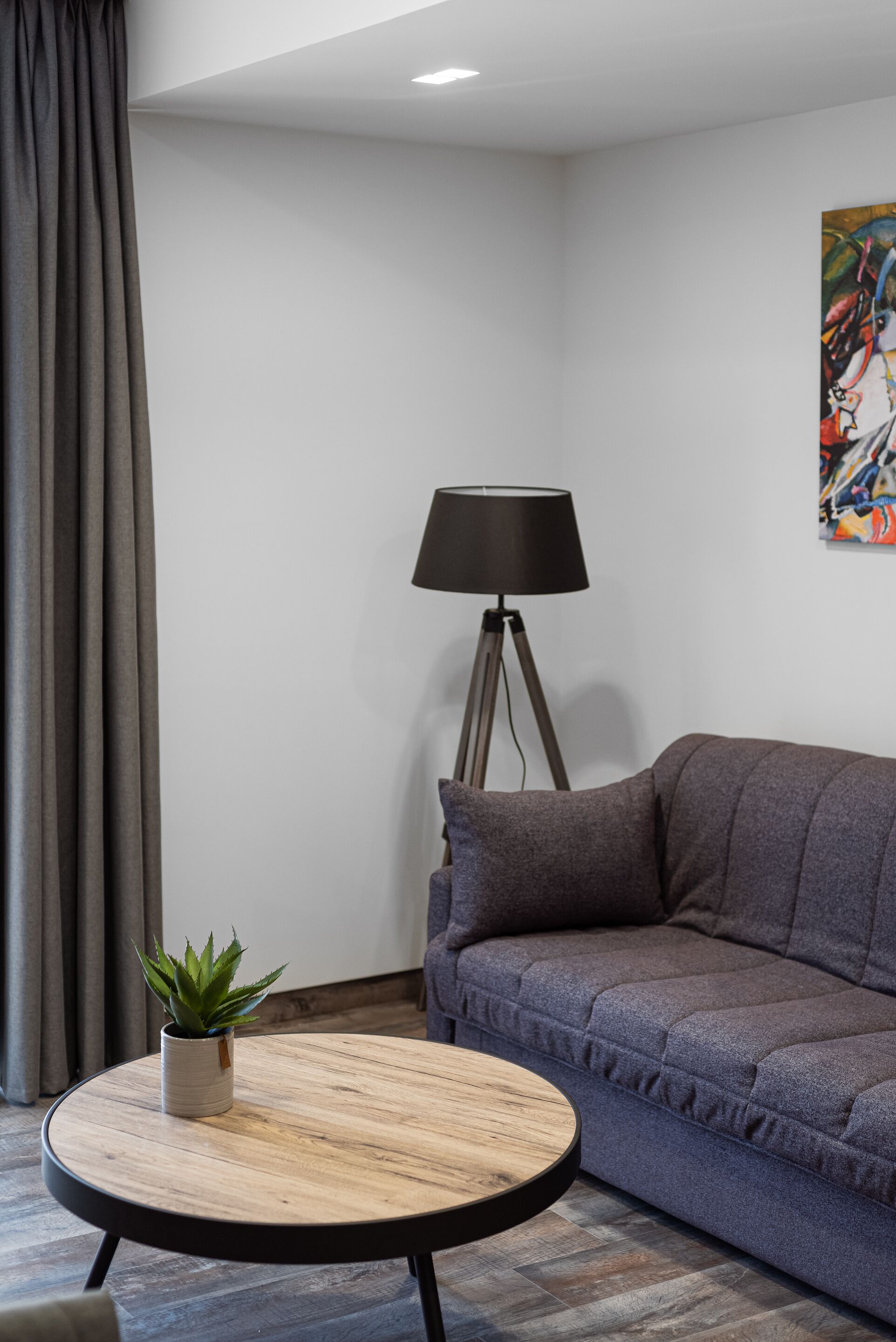 Een moderne woonkamer met een grijze bank, een ronde houten salontafel met een potplant, een vloerlamp en een kleurrijk abstract schilderij aan de muur.