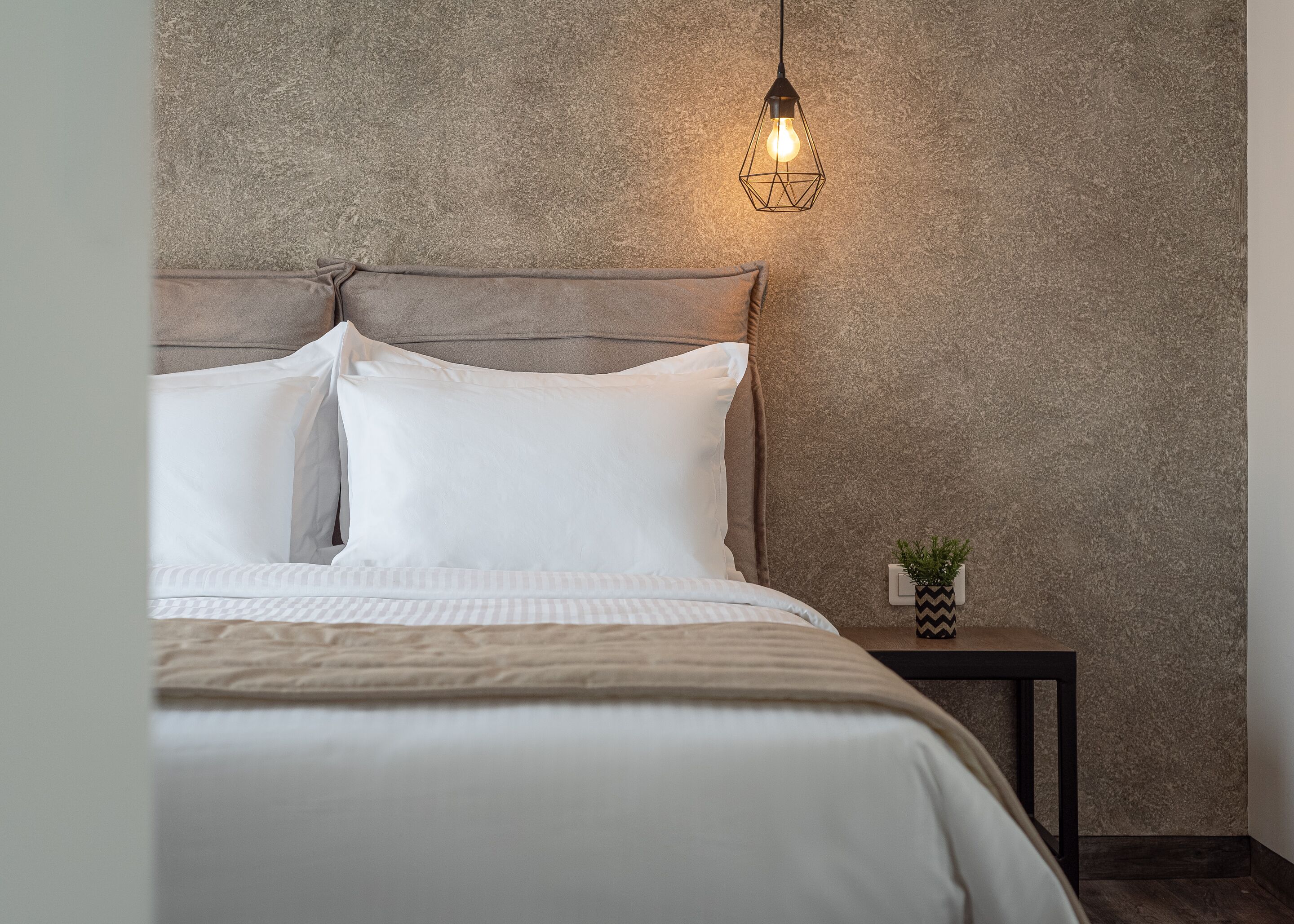 A neatly made bed with white bedding and a headboard, a bedside table with a plant, and a textured wall.