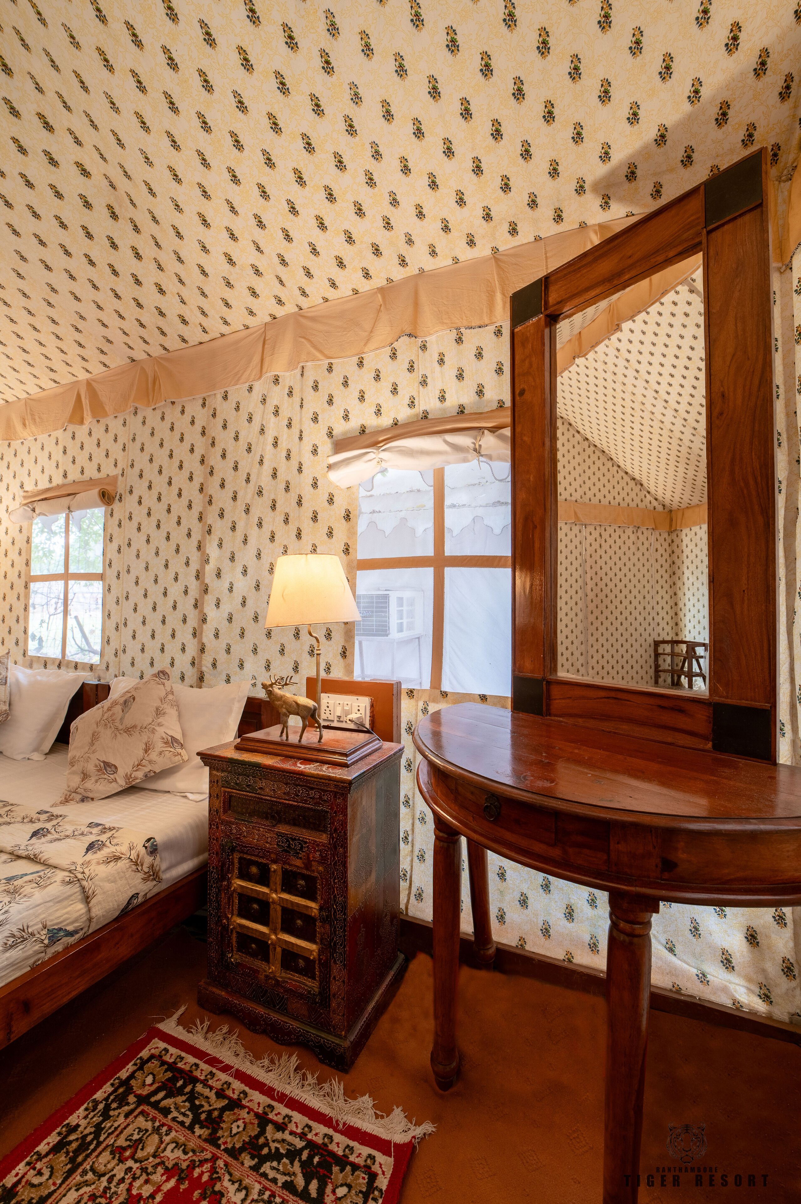 Desk, laptop workspace, blackout curtains, iron/ironing board