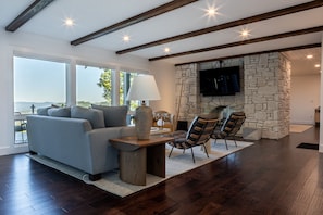 TV, fireplace, books
