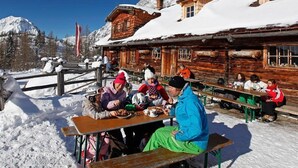 A wooden cabin with a snow-covered roof, a wooden fence, and a clear blue sky. - Four-bed room with bath, WC - B&B - Golf- und Skipension Krug (Haus)