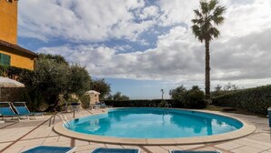 Une piscine avec des chaises longues et un palmier.