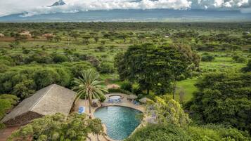 Una piscina rodeada de exuberante vegetación, con una montaña al fondo.