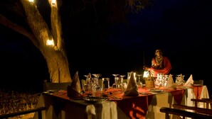 Un montaje para comer al aire libre con una mesa para dos, rodeada de árboles e iluminada por luces colgantes.