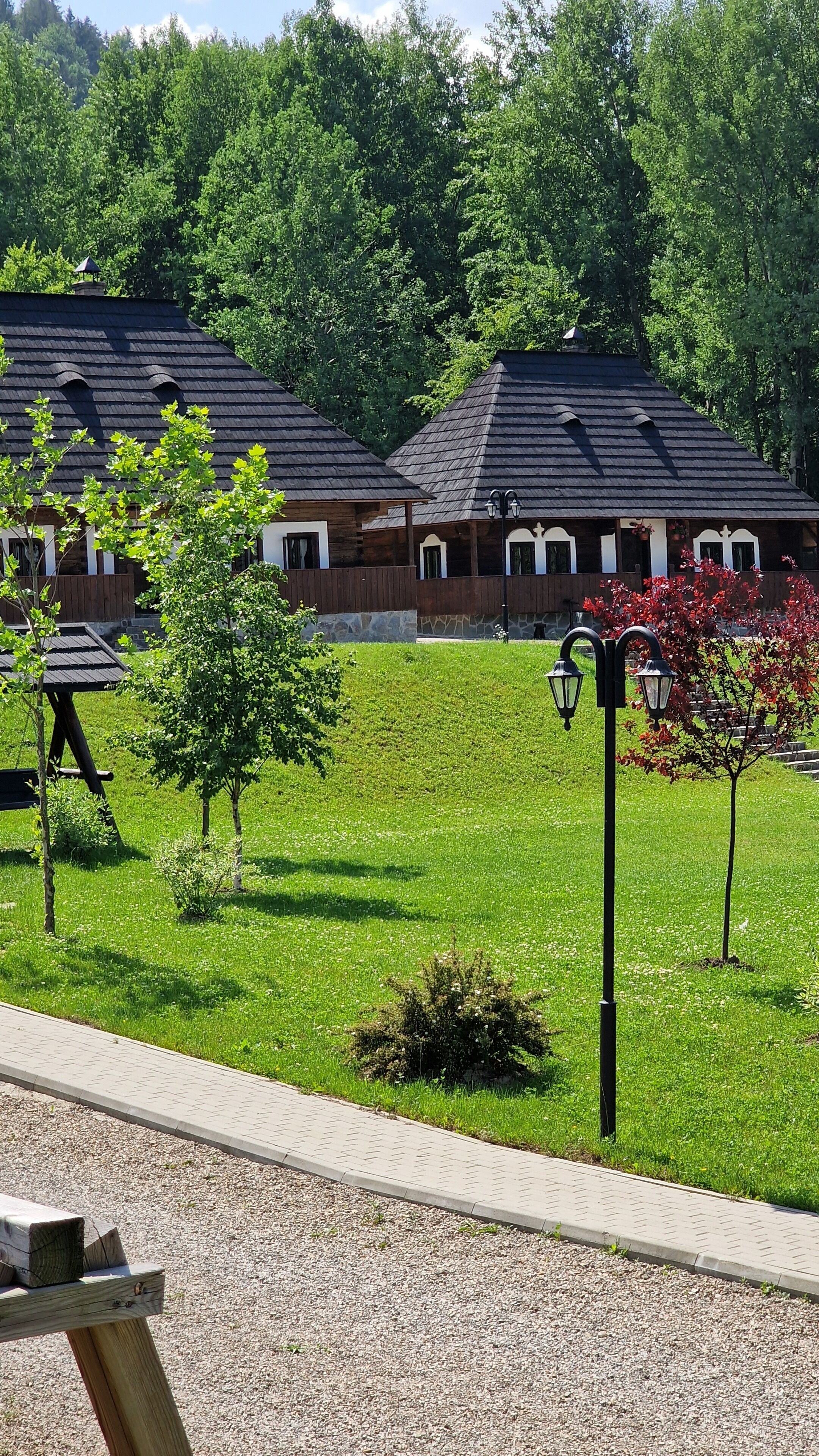 Un espace verdoyant avec un banc en bois et une table de pique-nique, entouré d’arbres et bordé par un bâtiment doté d’un toit en pente.