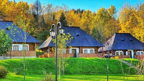 A row of wooden cabins with dark roofs, surrounded by lush green hedges and trees with autumn foliage. - Vatra Boiereasca (Cacica)