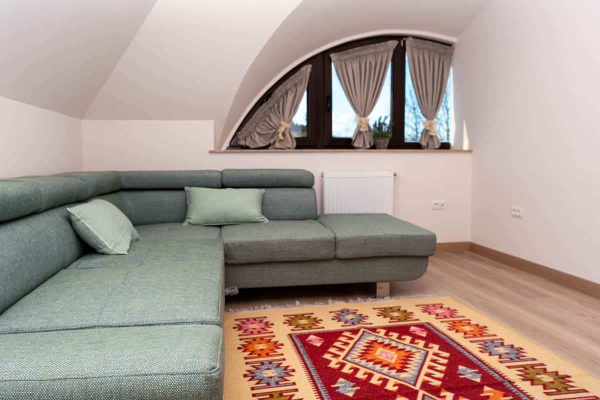 A modern living room with a sectional sofa, a patterned rug, and a window with curtains.