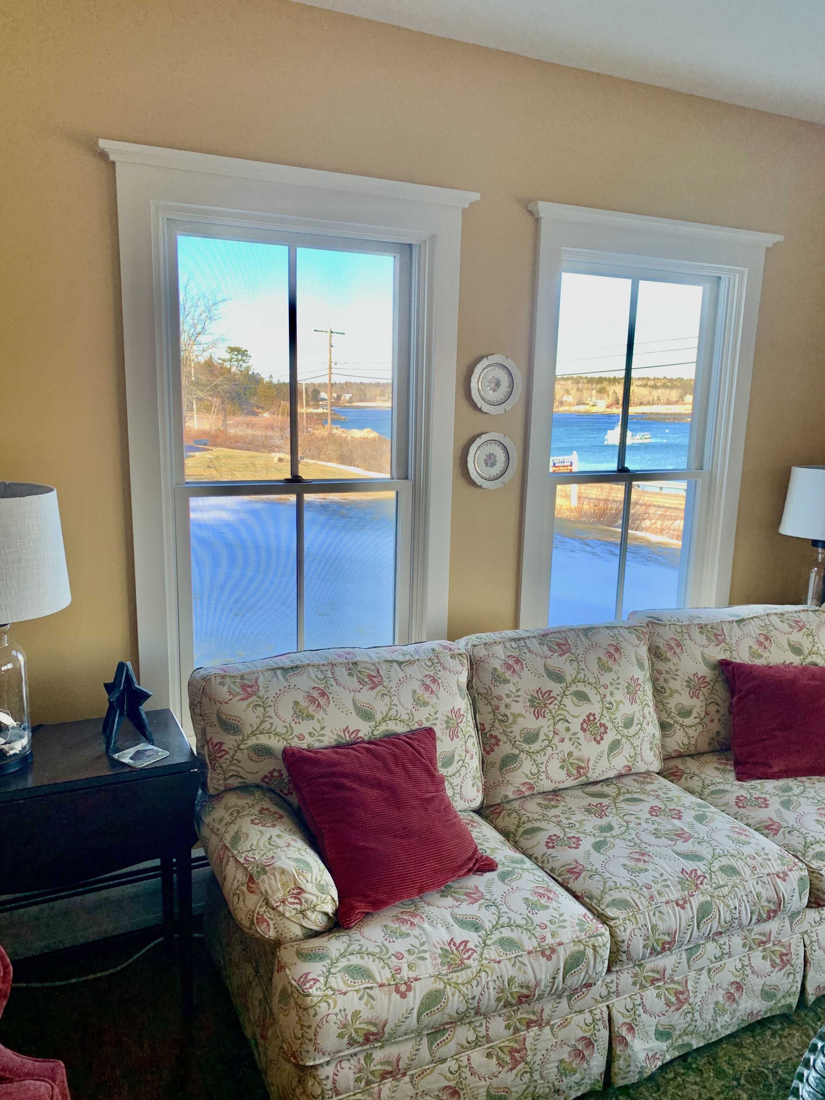 A living room with a floral-patterned sofa, two windows with a view of a body of water and trees, and a small table with a lamp.