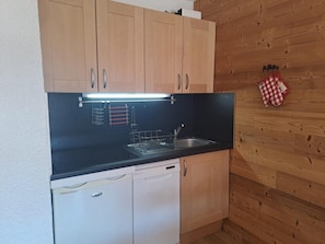 A compact kitchen with wooden cabinets, a black countertop, and a dishwasher.
