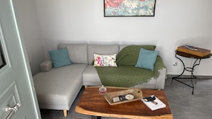 A modern living room with a grey sofa, a wooden coffee table, and a small side table with a suitcase. - Flat - Sleeps 2 - Parking - Patio (Kefalonia)