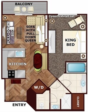Enjoy a spacious room with a king-sized bed, pull-down bed, kitchenette, and bathroom, plus a balcony with a view.