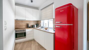 Fridge, oven, stovetop, coffee/tea maker