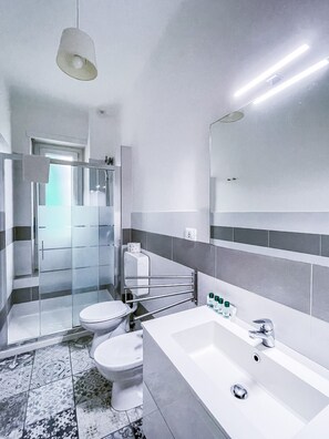 Shower, hair dryer, towels