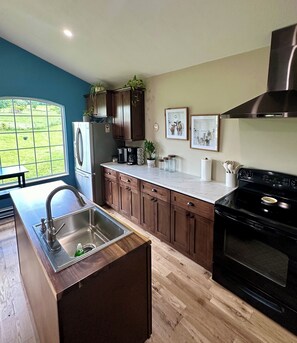 A modern kitchen with a large island, stainless steel sink, and black stove. - StarGazer 2.0 FARM cottage, just 20 mins to hocking hills. w/fast internet (McArthur)
