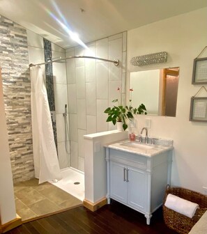 Shower, hair dryer, towels, soap