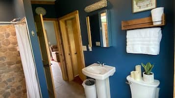 Bathtub, hair dryer, towels, toilet paper