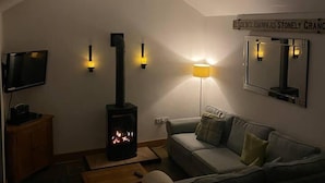 Un salon confortable avec une cheminée, un téléviseur et un canapé.