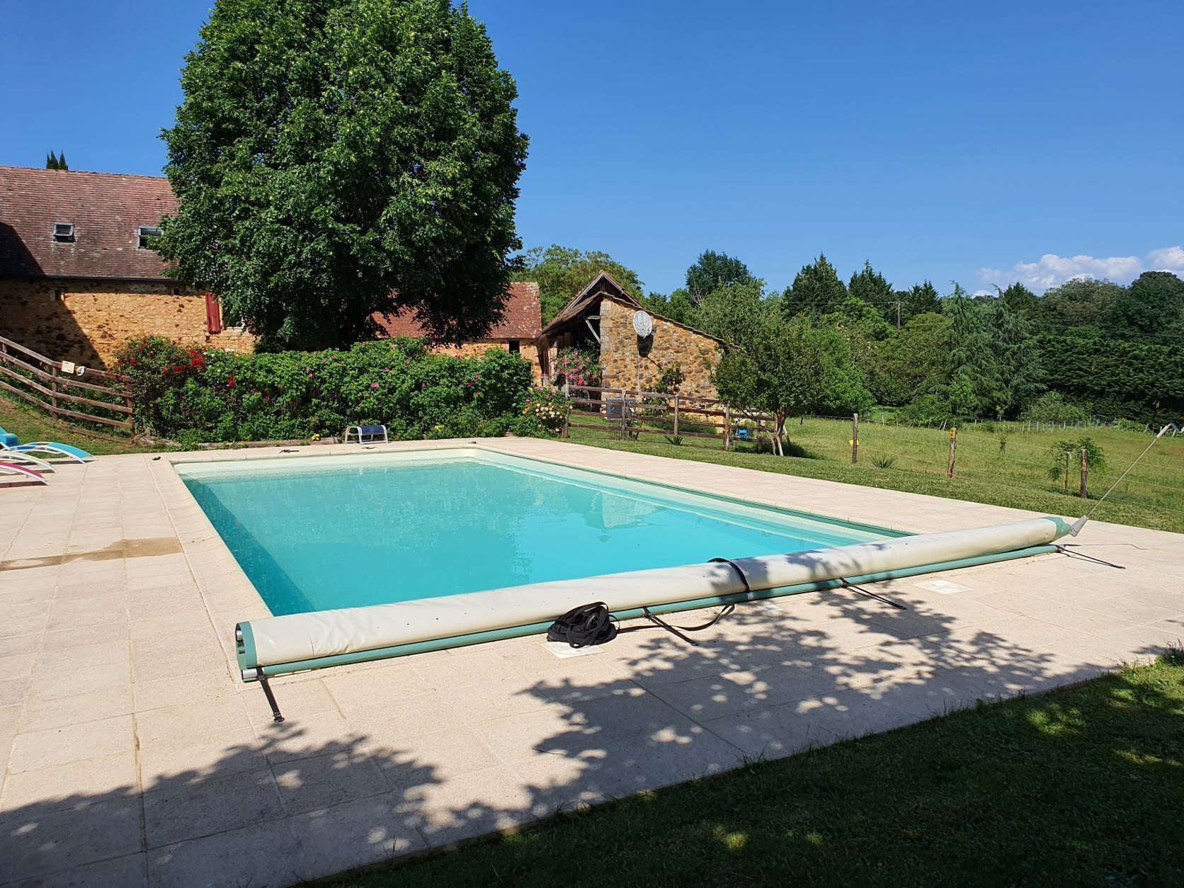 Une piscine rectangulaire avec une terrasse carrelée, entourée d’une pelouse et d’arbres.