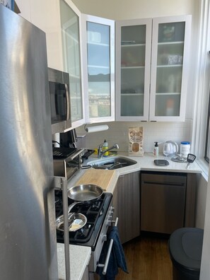Fridge, microwave, oven, stovetop - Spacious studio w/high ceilings, great light, view of Empire State (New York)