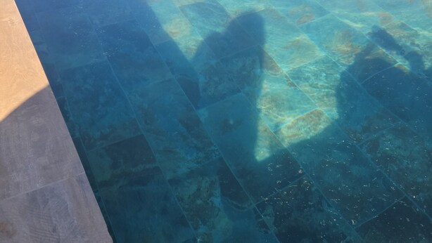 A clear pool with a tiled edge, surrounded by a low wall and greenery. - large pool and jacuzzi villa (Lunel)