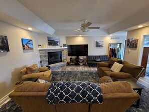 Smart TV, fireplace, DVD player, books