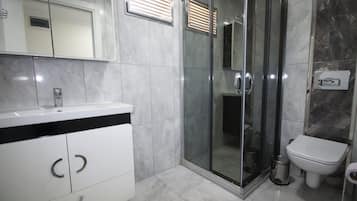 Shower, hair dryer, bidet, towels